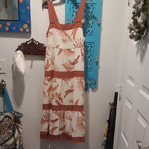 Elegant Cream and Brown Leaf Print Midi Dress